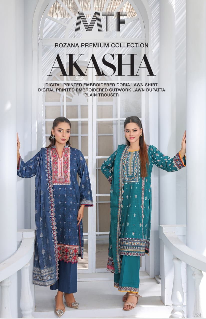 MTF Akasha Embroided Doriya Lawn Shirt Digital Printed Embroidered Cutwork Lawn Duppata Plain Trouser